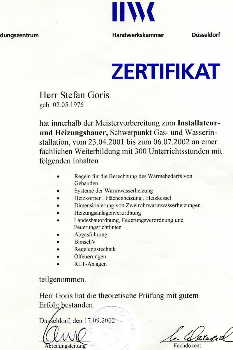 Zertifizierung & Qualifikation von Stefan Goris, Inhaber