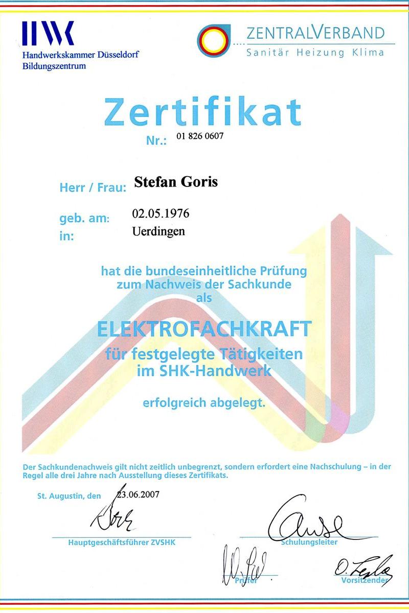 Zertifizierung & Qualifikation von Stefan Goris, Inhaber